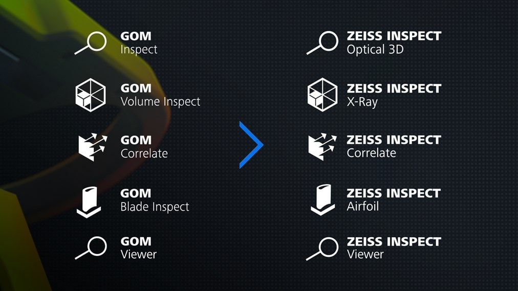 A comparison of the old GOM software logos and the new ZEISS INSPECT logos
